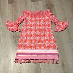 Cabana Life Women's Coral Geo Patterned Off the Shoulder Dress Sz Small